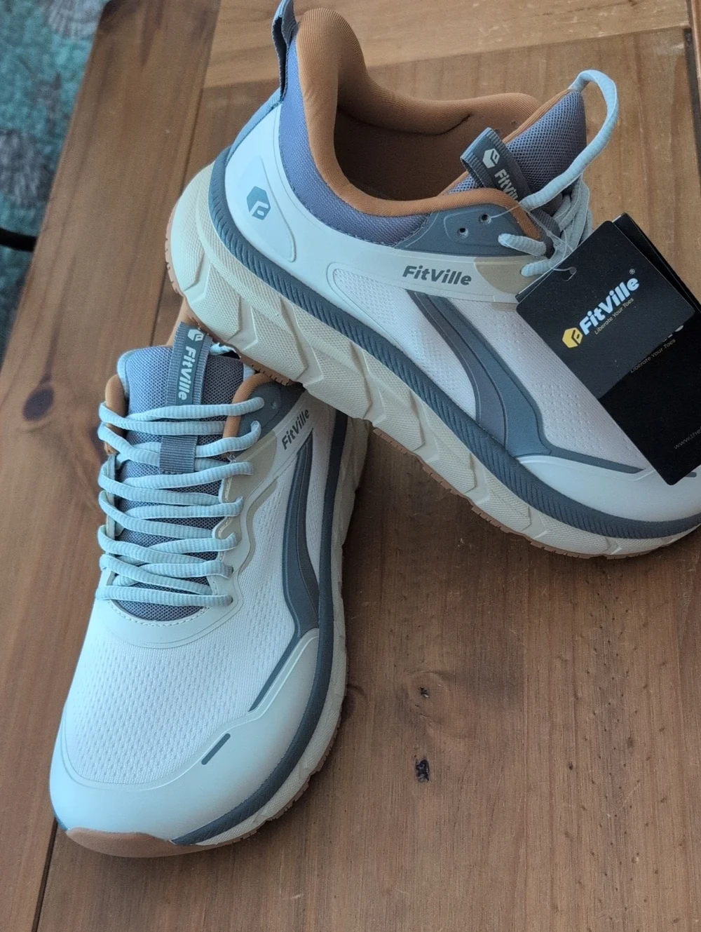FitVille Men’s White and Gray Casual Sneakers with Tan Accents